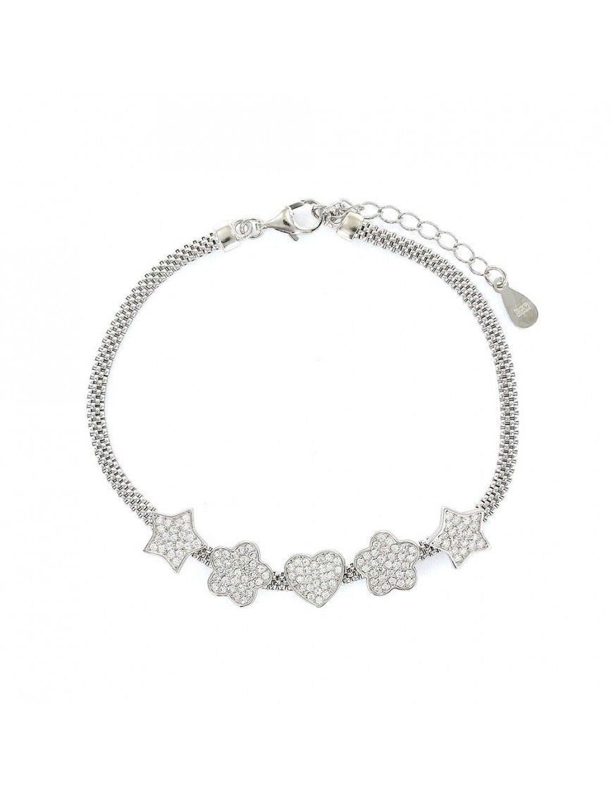 Pulsera plata malla corazones y flores 9106894