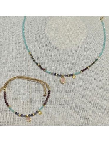 Collar de Pata Chapada Y Piedras Naturales Lágrima Rosa 0000004