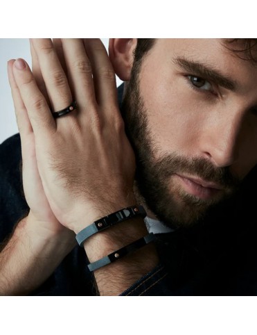 Pulsera Viceroy Hombre Acero IP Negro y Piel Azul con Placa y un Tornillo de Oro Rosa 9K 6488P01013