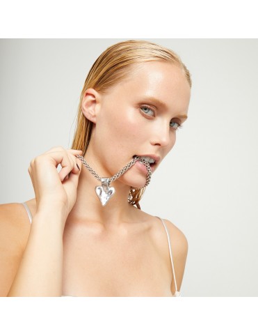 Collar UNO de 50 Bañado en Plata con Cadena Gruesa y Detalle de Corazón COL2075MTL0000U