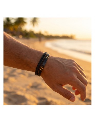 Pulsera Lotus Style Piel Trenzada Negra con Cierre Negro y Dorado LS2617-2/2
