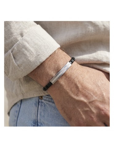 Pulsera Lotus Style Piel Trenzada Negra con Placa de Acero Grabada LS2625-2/1