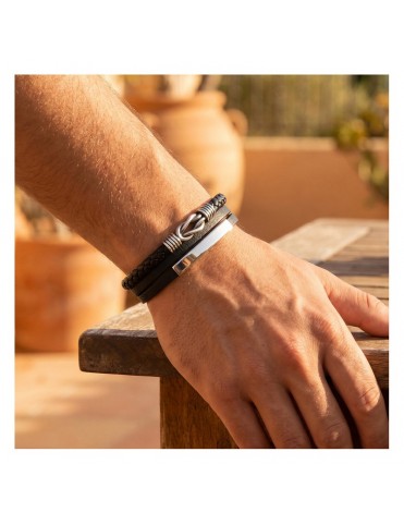 Pulsera Lotus Style Doble Piel Trenzada Negra con Nudo de Acero LS2631-2/1