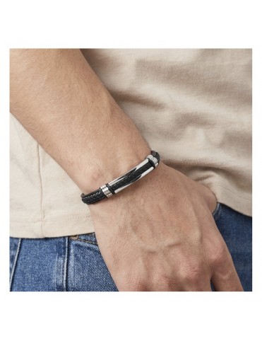Pulsera Lotus Style Doble Piel Trenzada Negra con Barra de Acero LS2638-2/1