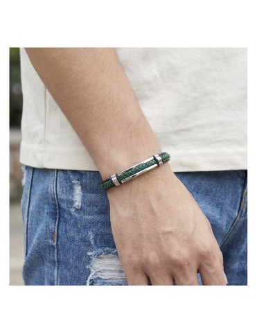 Pulsera Lotus Style Doble Piel Trenzada Negra y Verde con Barra de Acero LS2638-2/4