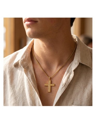 Collar Lotus Style Cruz con Textura Negra y Borde Dorado LS2643-1/2