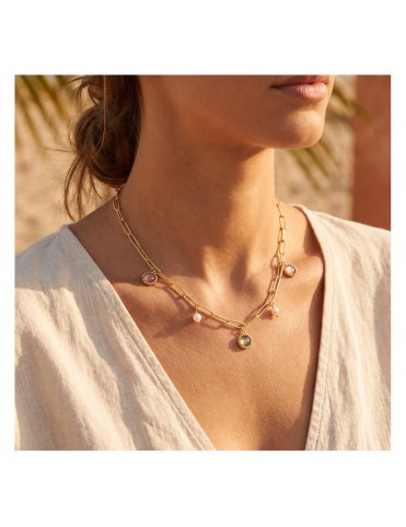 Collar Lotus Style Cadena con Piedras Naturales y Perlas Colgantes LS2693-1/1