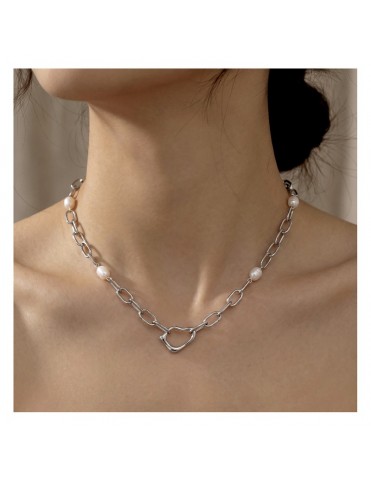 Collar Lotus Style Cadena de Eslabones Ovalados con Eslabón Orgánico en Forma de Corazón y 4 Perlas Cultivadas LS2731-1/1