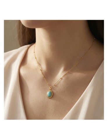 Collar Lotus Style Cadena de Bolitas Dorada con Colgante de Turquesa LS2767-1/1