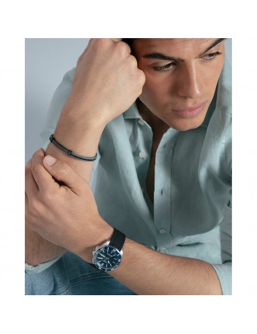 Pulsera Viceroy Hombre Acero Negro y Piel Gris Oscuro con Cadena y Placa 14375P01010