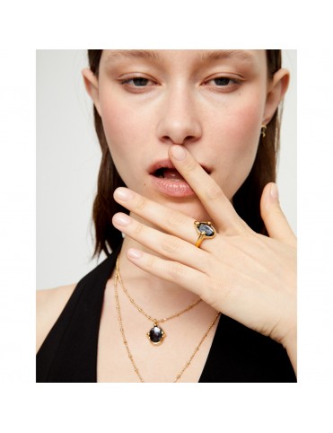 Anillo UNOde50 Ser Deslumbrante Bañado en Oro con Cristal Ovalado Negro Talla 15 ANI0850NGRORO15