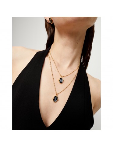 Collar UNOde50 Ser Deslumbrante Doble Bañado en Oro con Dos Cristales Negros COL2030NGRORO0U