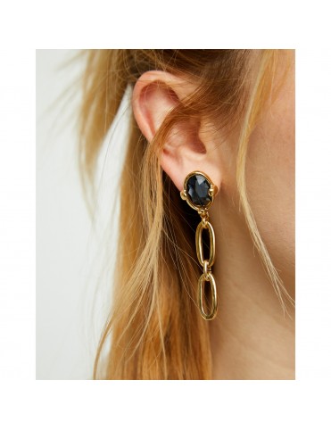 Pendientes UNOde50 Ser Deslumbrante Largos Bañados en Oro con Cristal Negro y Eslabones PEN1003NGRORO0U
