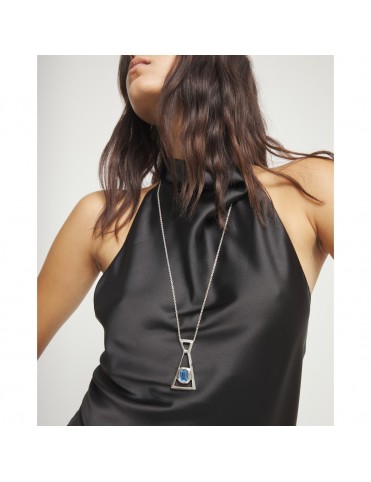 Collar UNOde50 Núcleo Largo Bañado en Plata con Cristal Rectangular Azul COL2073AZUMTL0U