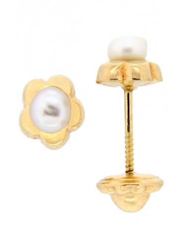 PENDIENTES ORO 18K PERLA FLOR NIÑA P801